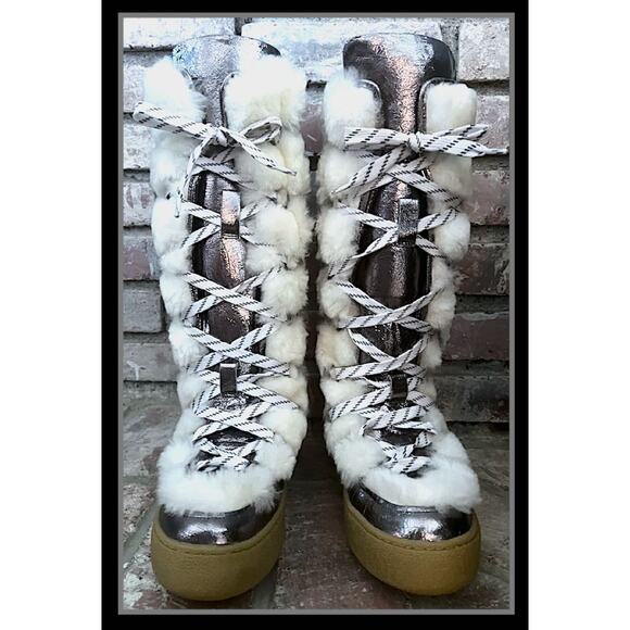 Free People Wilder Mukluk Boots Artic Fox Combo Leather Fuzzy Metallic Size 9 - Picture 2 of 10